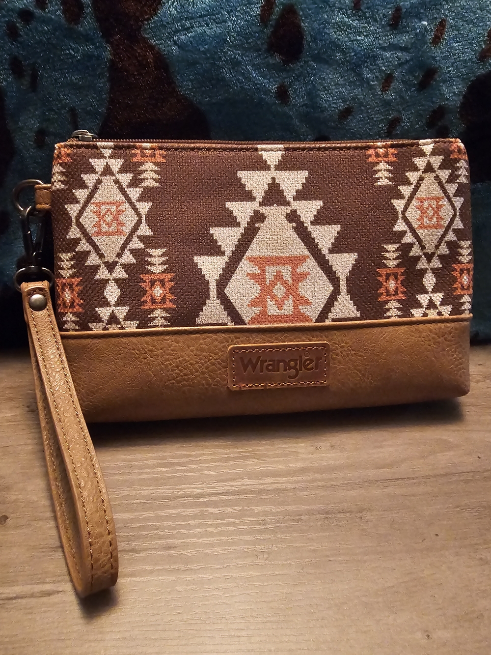 Wrangler Brown & Cream Aztec Wristlet Clutch with Orange Accents